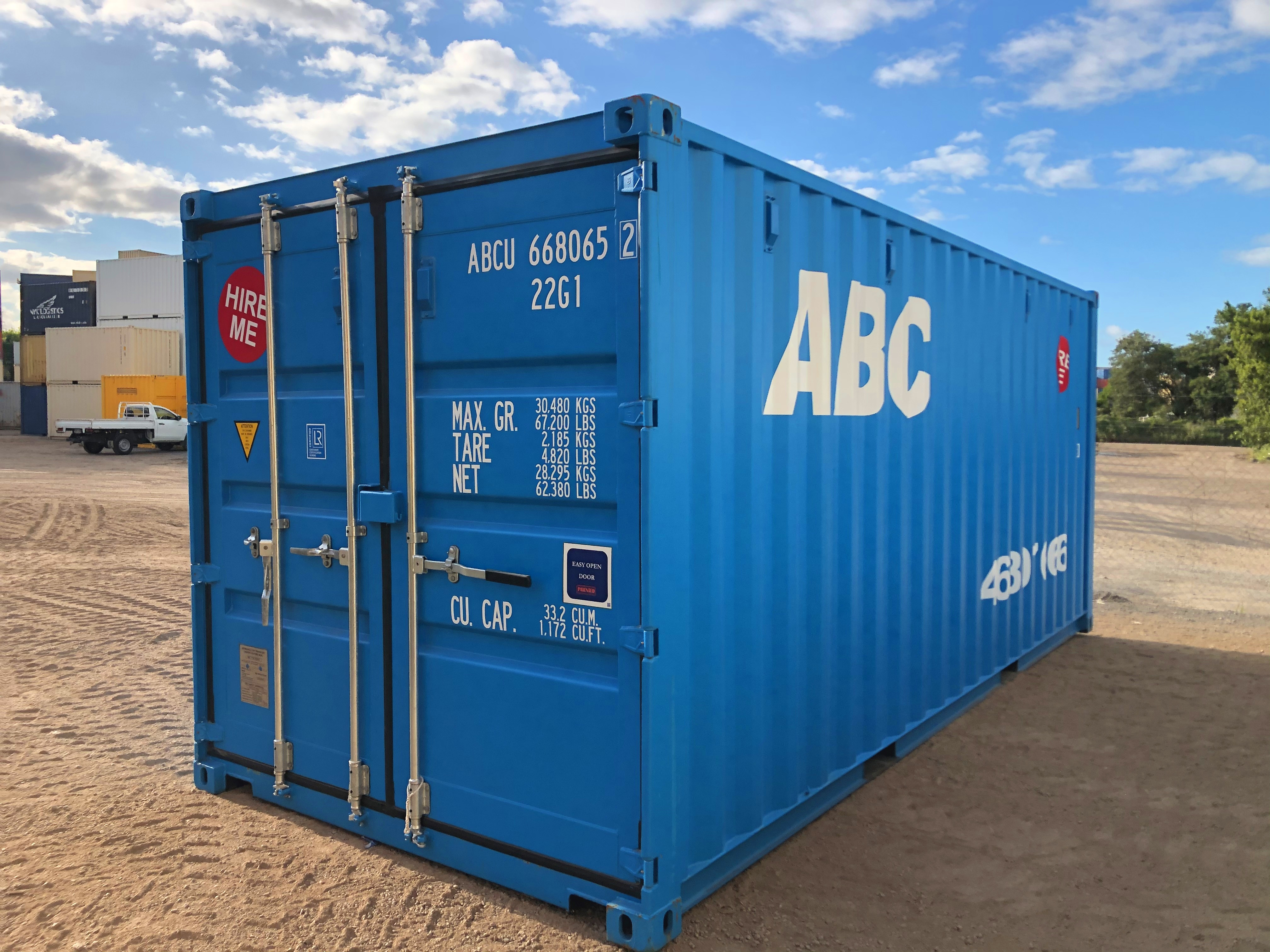 A blue shipping container with the ABC logo on the side.